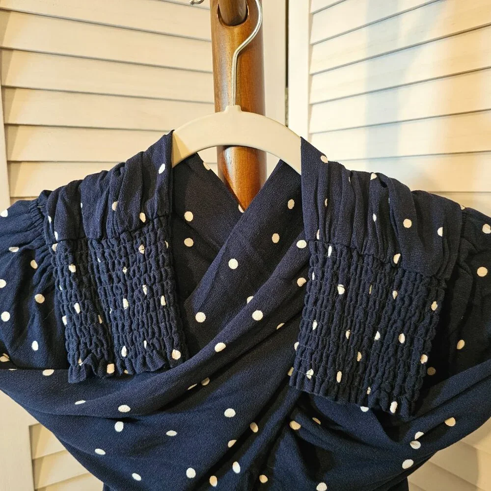Terra & Sky Plus Size 1X 16W-18W, Navy Blue/White Polka Dots Blouse, Long Sleeve - Picture 4 of 6